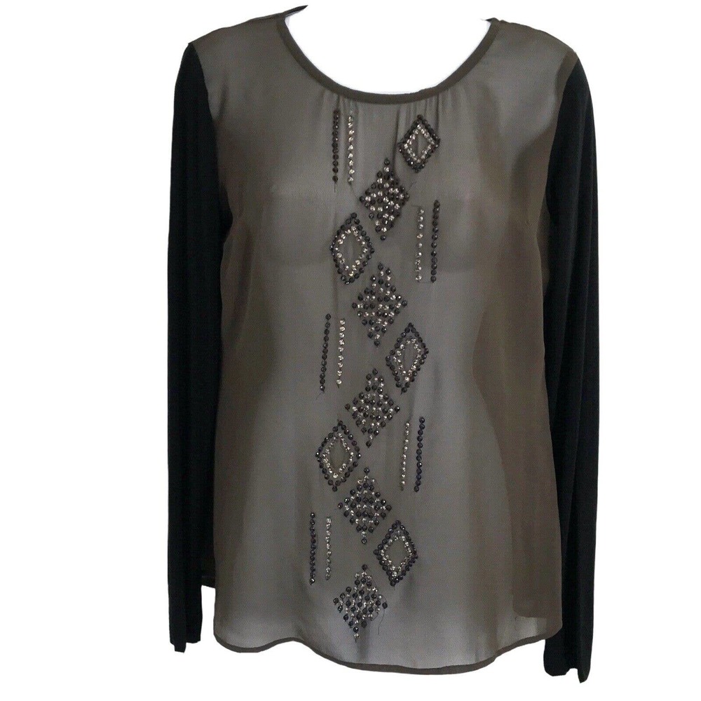 NEW KAY CELINE WOMEN'S SIZE SMALL SHEER BEADED LONG SLEEVE BLACK & BROWN BLOUSE